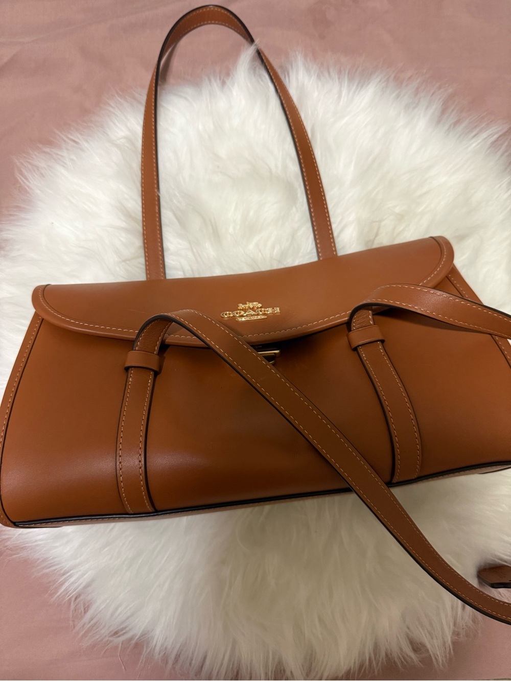 Coach Saddle Brown Leather Shoulder Bag with Gold Logo